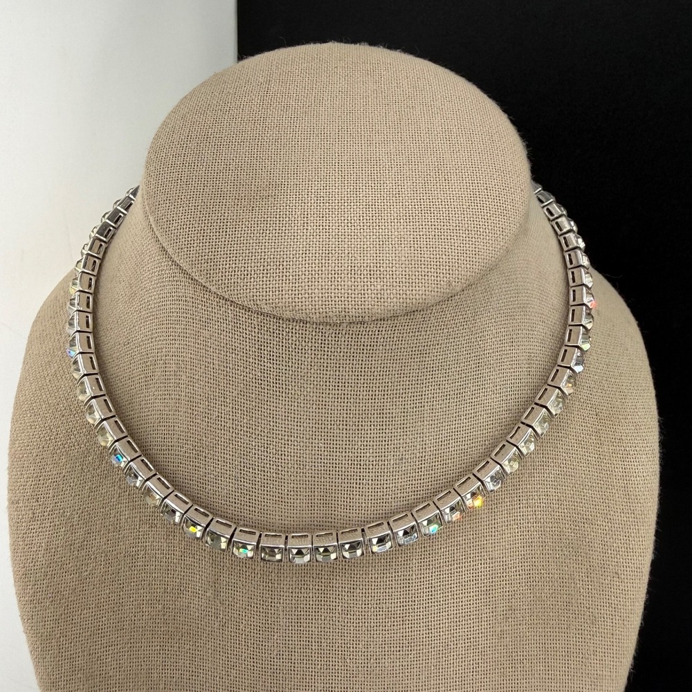 Vintage Estate Rhinestone Choker Necklace Silver Tone Square Cut Formal 15"